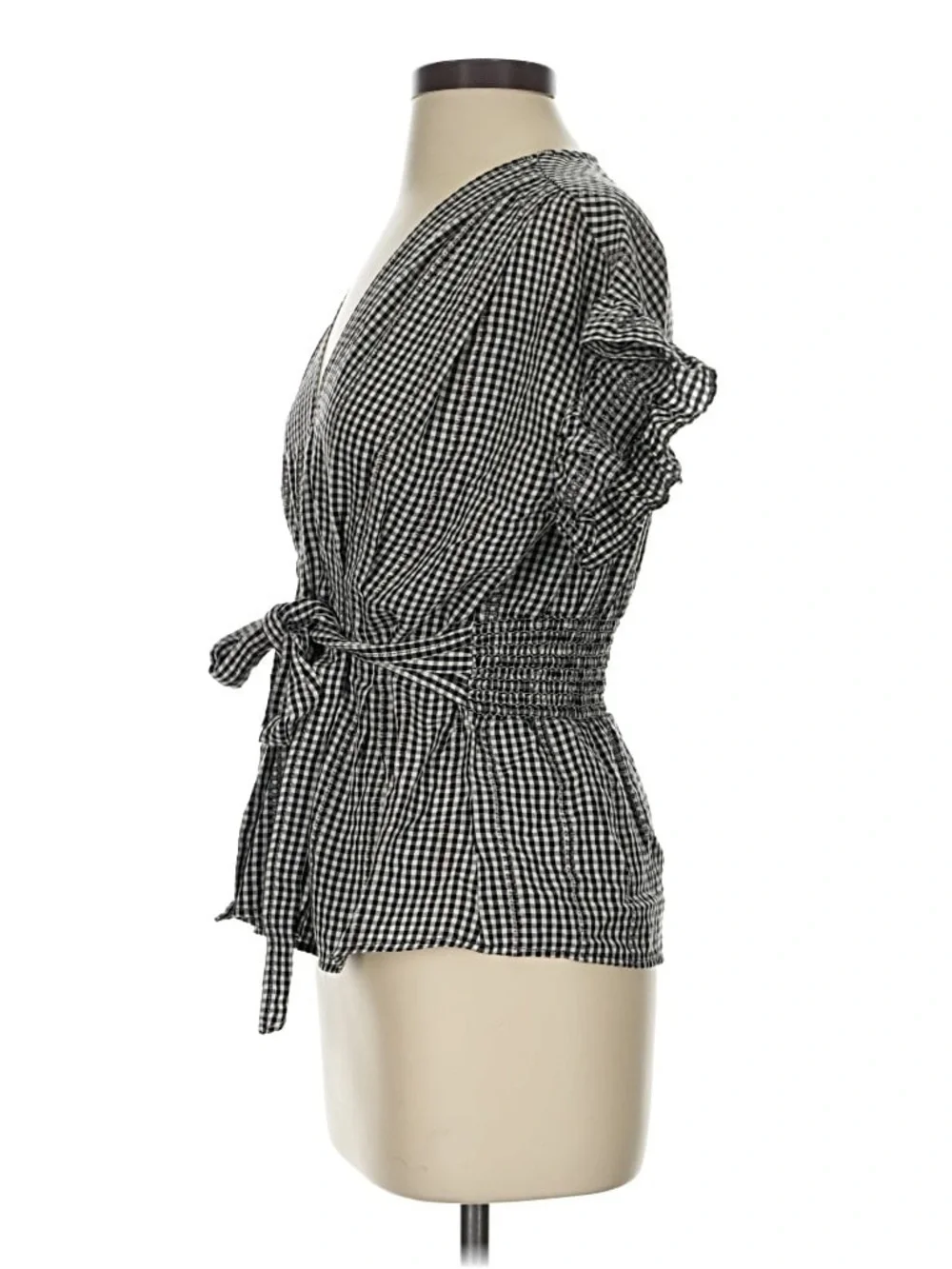 Max Studio Black White Gingham V-Neck Ruffle Sleeve Blouse
